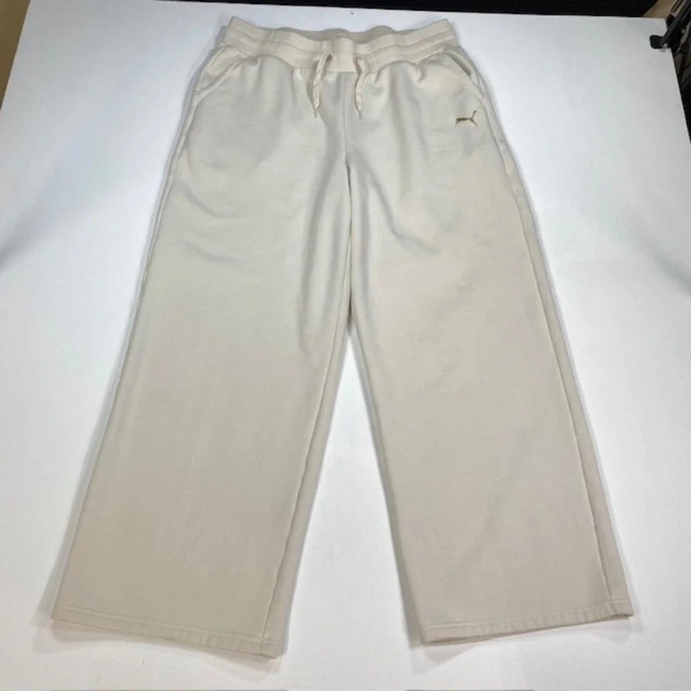 Puma Womens High Waist Wide Leg Sweatpants Cream Gold Logo‎ Fleece Cozy XL